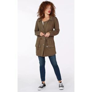 BOBI Cotton Terry Lapel Neck Drawstring Utility Jacket in Olive Tree size L NWT